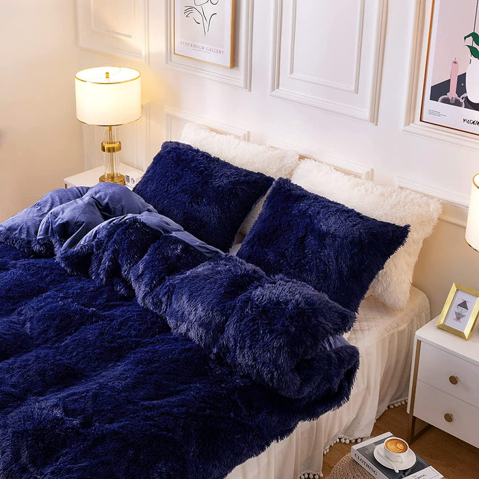 Plush Fluffy Duvet Cover Oeko-Tex Certified Luxury Ultra Soft Shaggy Crystal Velvet Bedding Set 3 Pieces(1 Duvet Cover + 2 Pillow Shams) Zipper Closure(Queen, Navy Blue)