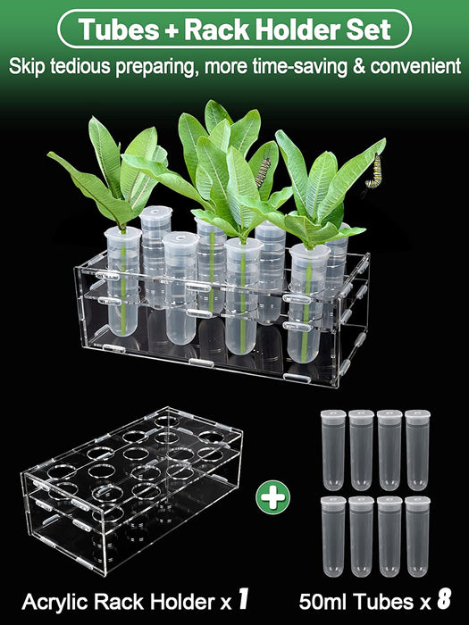 Floral Tubes Kit with Rack for Milkweed, Monarch Caterpillars Milkweed Tubes, Milkweed Cutting Feeding with Stable Acrylic Holder, 50ML Floral Vials for Butterfly Caterpillars Supplies