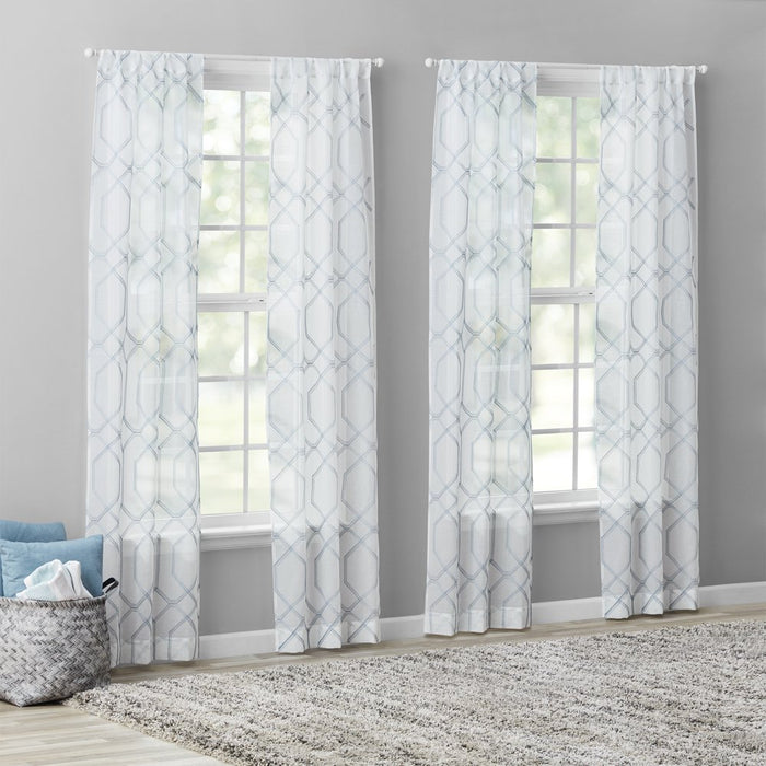 Mainstays Modern Blue Geometric Rod Pocket Sheer Curtain Set, 28" X 84" (4 Panels)