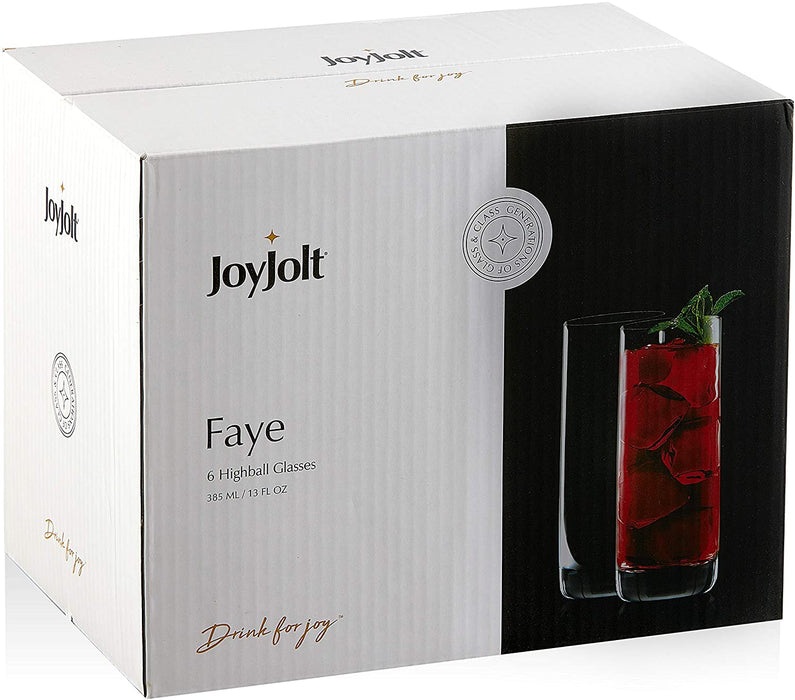 Faye 13Oz Highball Glasses, 6Pc Tall Glass Sets. Lead-Free Crystal Glass Drinking Glasses. Water Glasses, Mojito Glass Cups, Tom Collins Bar Glassware, and Mixed Drink Cocktail Glass Set