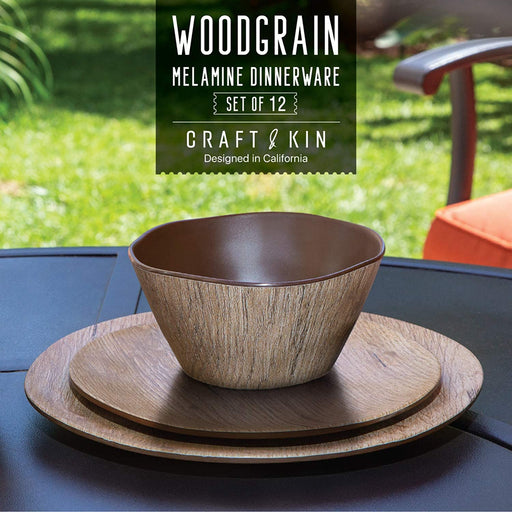 Melamine Dinnerware Sets - 12 Pcs Melamine Plates Outdoor Plates Summer Plates and Bowls Sets Melamine Plates Ideal Camping Dish Set Dinnerware Set for 4 Dishwasher Safe (Wood Grain)