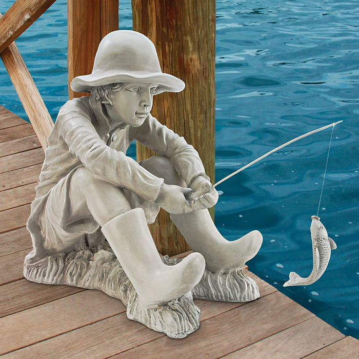 EU9288 Gone Fishing Fisherman Boy Garden Statue, 17 Inch, 10.5" D X 17" W X 17" H, Two Tone Stone