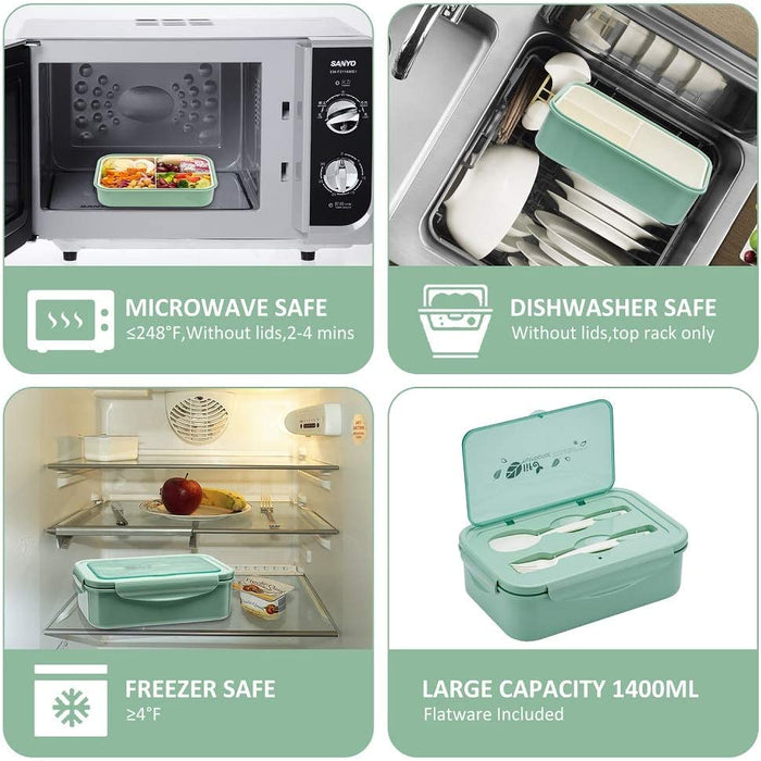 Bento Boxes for Adults, 1100 ML Bento Lunch Box for Kids Childrens with Utensils, Insulated Lunch Bag, Durable for On-The-Go Meal, Bpa-Free and Food-Safe Materials(Green with Bag)