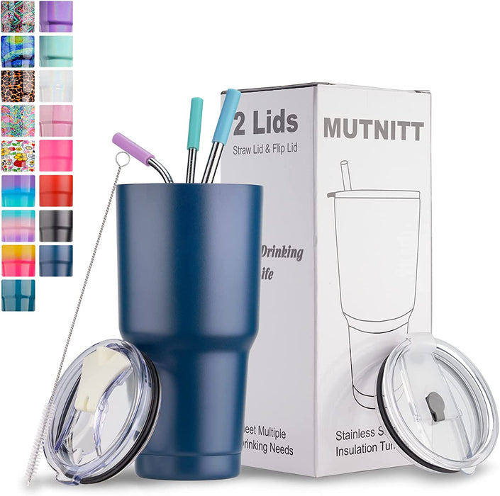 30 Oz Tumbler with Lids and Straws,18/8 Stainless Steel Vacuum Insulated Coffee Tumbler,Insulated Travel Mug Water Cup with Leak-Proof Straw Lid & Flip Lid,3 Metal Straws,1 Cleaning Brush & Gift Box