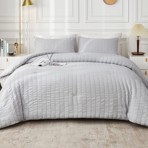 Seersucker Queen Comforter Set (90X90 Inches), 3 Pieces - 100% Soft Washed Microfiber Lightweight Comforter with 2 Pillowcases, All Season down Alternative Comforter Set for Bedding, Light Gray