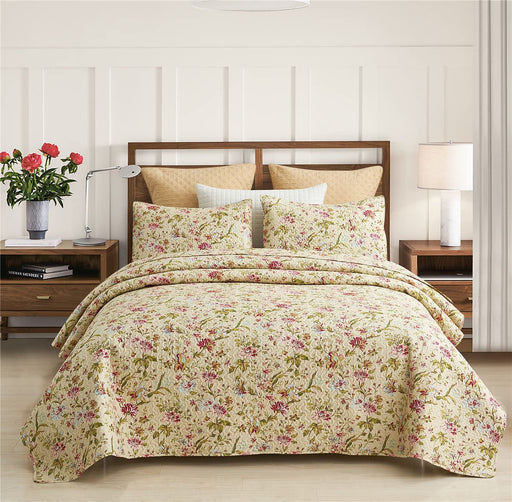 Quilt Set, 3-Piece Quilt Sets with 2 Pillow Shams - Boho Reversible Soft and Lightweight Quilt Bedding Bedspread Coverlet Set (Beige Floral, King)