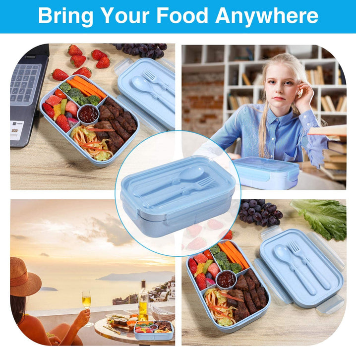 Bento Box for Kids Lunch Containers with 4 Compartments Kids Bento Lunch Box Microwave/Freezer/Dishwasher Safe (Flatware Included,Light Blue)