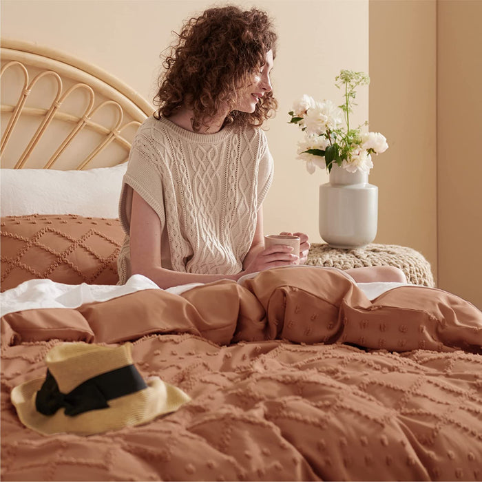 Bedsure Twin Duvet Cover Set - Duvet Cover Twin Size, Twin Bohobedding for All Seasons, 2 Pieces Embroidery Shabby Chic Home Bedding Duvet Cover Set (Burnt Orange, Twin, 68X90'')