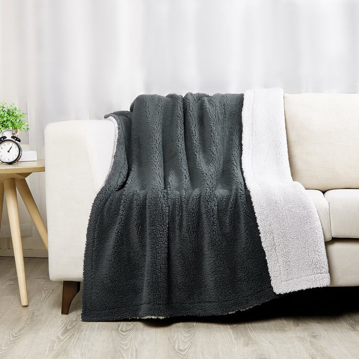 Reversible 2-Tone Sherpa Dual Layer Throw Blanket, 50" X 60", Recycled Polyester, Dark Gray and Light Gray