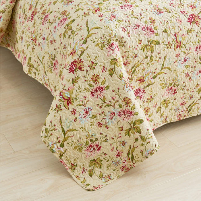 Quilt Set, 3-Piece Quilt Sets with 2 Pillow Shams - Boho Reversible Soft and Lightweight Quilt Bedding Bedspread Coverlet Set (Beige Floral, King)
