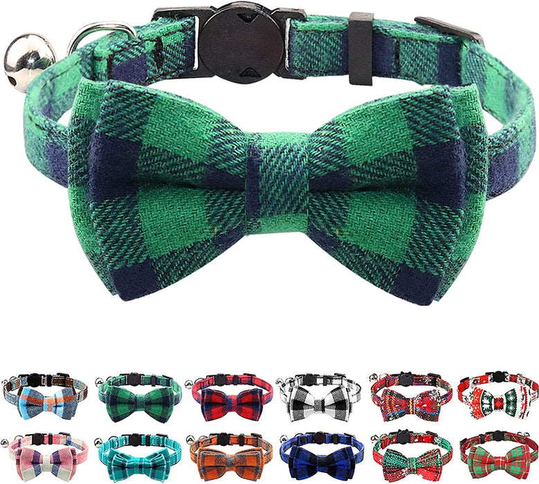 Breakaway Cat Collar with Cute Bow Tie and Bell, Plaid Patterns, 1 Pack Girl Boy Kitty Safety Collars, Blue