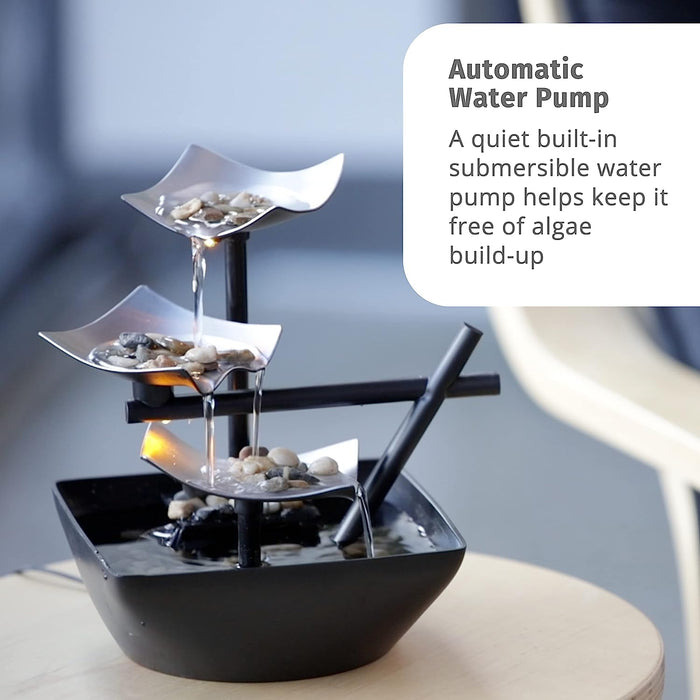 Indoor 3-Tier Relaxation Tabletop Fountain, Automatic Pump with Power Switch, Extra Deep Basin with Natural River Rocks and Reflective Lighting Feature, Envirascape Silver Springs