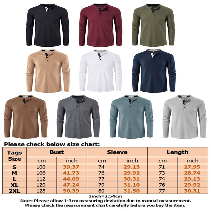 Mens Fashion Waffle T Shirts Henley Neck Solid Color Pullover Work Long Sleeve T-Shirt Red Wine L