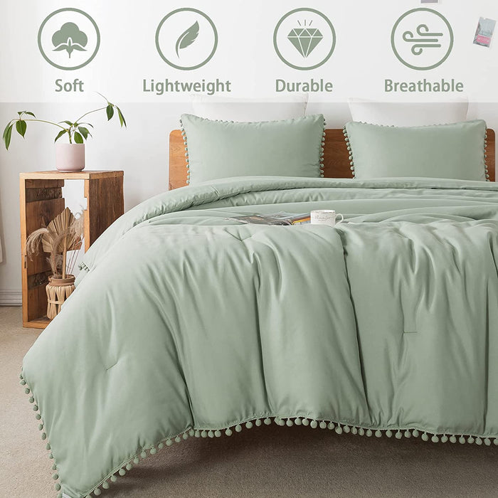 Sage Green Pom Pom Fringe Comforter Full(79X90 Inch), 3 Pieces(1 Boho Comforter and 2 Pillowcases) Aesthetic Ball Pom Comforter, Lightweight Soft Microfiber down Alternative Bedding Set