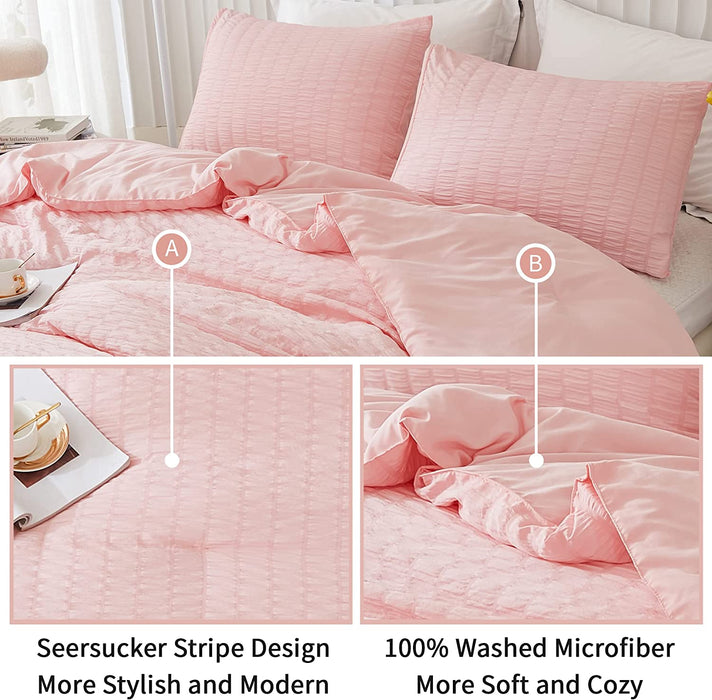 Blush Pink Seersucker Queen Comforter Set (90X90 Inches), 3 Pieces - 100% Soft Washed Microfiber Lightweight Comforter with 2 Pillowcases, All Season down Alternative Comforter Set for Bedding
