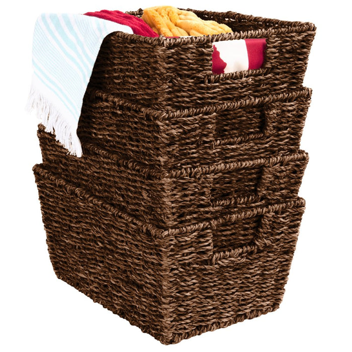 Set of 4 Multipurpose Stackable Seagrass Laundry Organizer Tote Baskets W/ Insert Handles - Brown