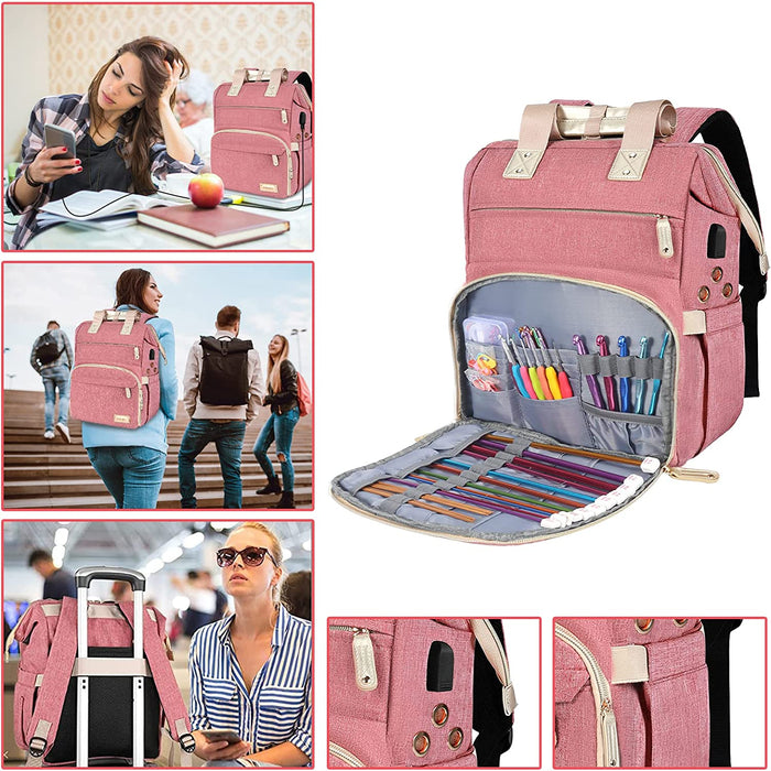 Knitting Bag Backpack,Yarn Storage Organizer Travel Crochet Bag with USB Charging Port,Large Capacity Yarn Storage Tote Bag Yarn Holder Case for Carrying Projects, Knitting Needles, Crochet Hooks Pink