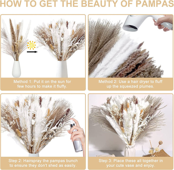 120 Pcs Dried Pampas Grass Dried Flowers Bouquet Natural Pampas Grass Decor White & Brown Pompous Grass Bunny Tails Reed for Farmhouse Rustic Party Wedding Boho Home Decorations, 17.5''
