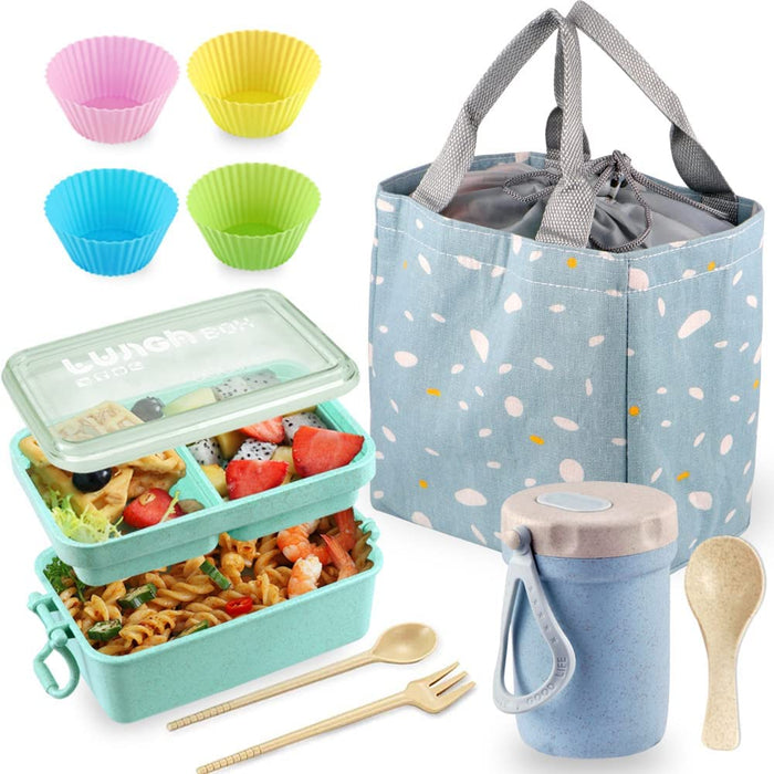 Bento Box Japanese Lunch Box Kit, Stackable 2 Layer Lunch Box, Leakproof Wheat Straw BPA Free Bento Lunch Boxes Set with Soup Cup, Spoon and Fork, Cake Cups