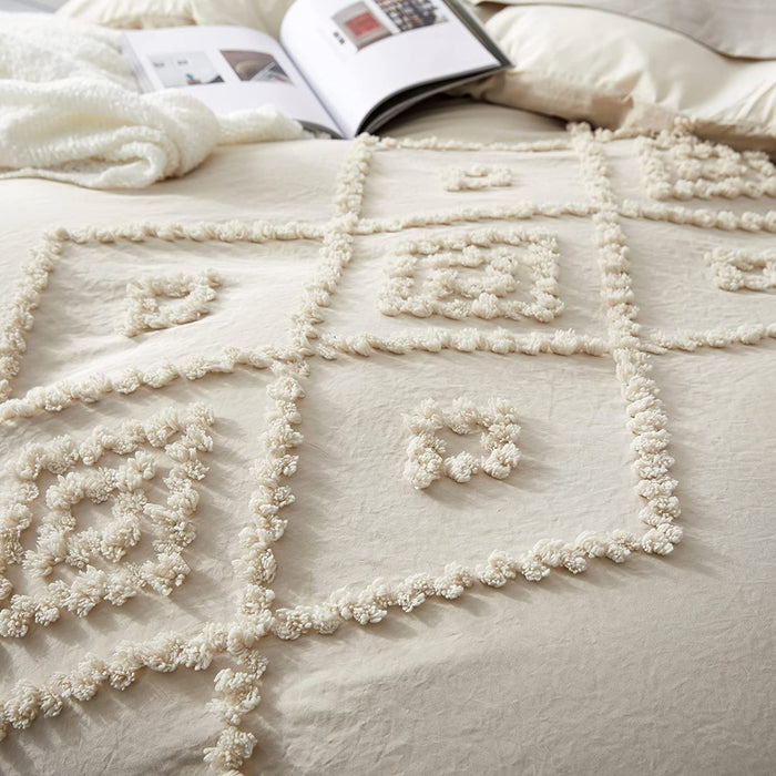 Oli Anderson Tufted Duvet Cover Queen Size, Soft and Lightweight Duvet Covers Set for All Seasons, 3 Pieces Boho Embroidery Shabby Chic Bedding Set (Beige, Queen, 90’’ X 90’’)