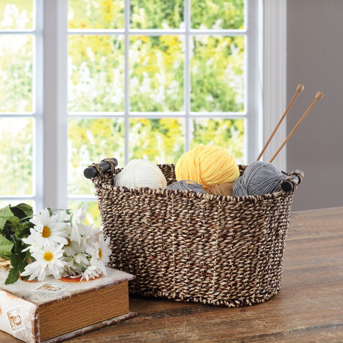 Mainstays Brown Oval 2-Hue Seagrass Storage Basket with Wooden Handles