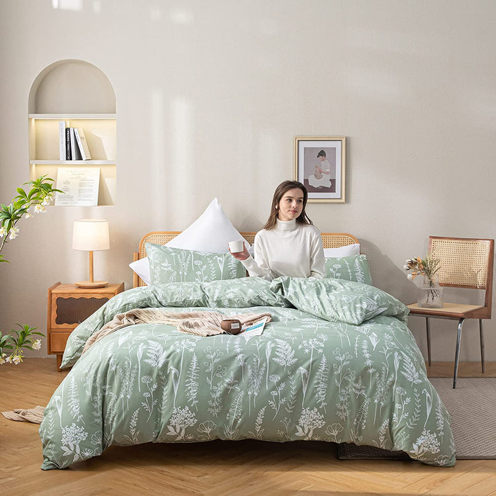 Queen Comforter Set Sage Green Comforter,3 PCS Bedding Sets Floral Comforter Set Plant Flowers Printed on Fluffy Comforter Set for All Season