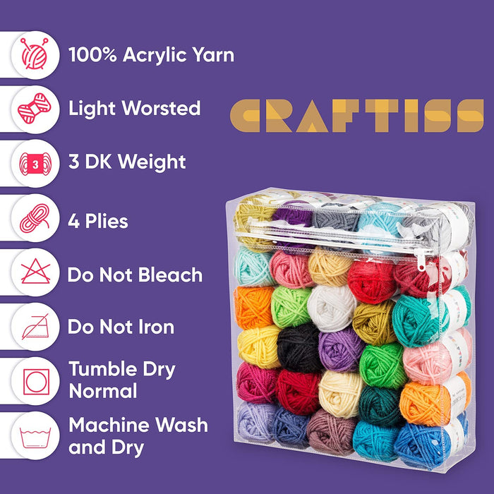30X20G Acrylic Yarn Skeins - 1300 Yards of Soft Yarn for Crocheting and Knitting Craft Project, Assorted Starter Crochet Kit Yarn Bulk for Adults and Kids