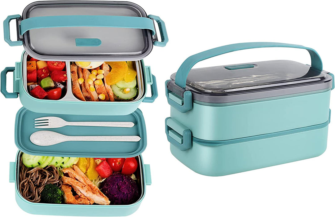 Stainless Steel Bento Box for Adults&Kids,Japanese Leakproof Lunch Box Divided Food Meal Storage Containers Set Stackable 2 Layer for Children School Picnic Blue
