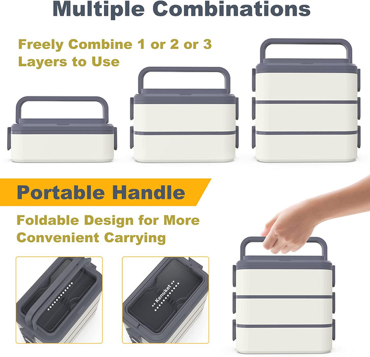 Bento Box Lunch Box, Adult Lunch Container with 3L Large Capacity, Microwave Safe 3 Layers Stackable Lunch Box, Leakproof Food Container with Dividers and Sauce Boxes for Kids and Adults