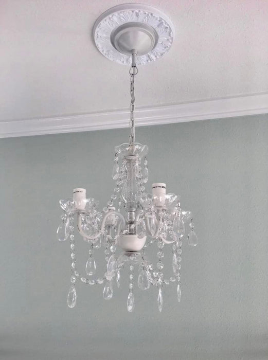 the Original 4 Light Crystal White Hardwire Flush Mount Chandelier H17.5”Xw15”, White Metal Frame with Clear Glass Stem and Clear Acrylic Crystals & Beads That Sparkle Just like Glass