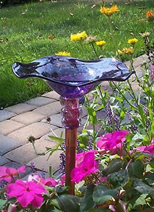 Purple Hand Blown Glass Butterfly Feeder with 30" Copper Stake