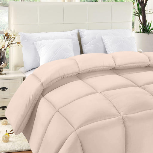 Comforter Duvet Insert - Quilted Comforter with Corner Tabs - Box Stitched down Alternative Comforter (Queen, Beige)