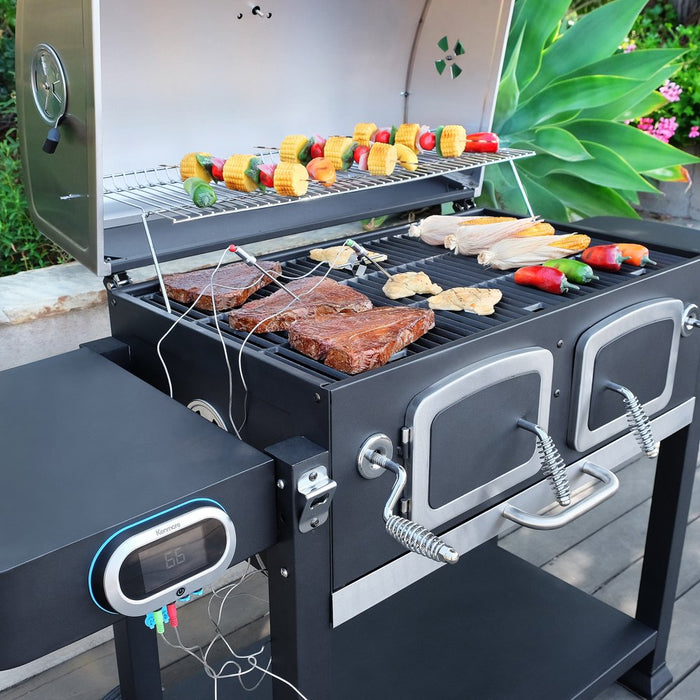Kenmore 32-Inch Smart Charcoal Grill with Bluetooth Meat Thermometer, LCD Display, and Temperature Probes, Black/Stainless Steel