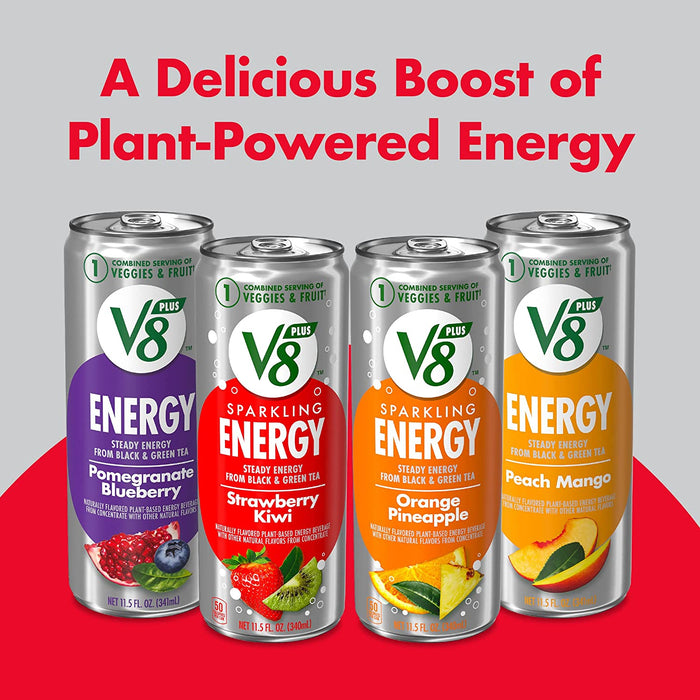 V8 +SPARKLING ENERGY Strawberry Kiwi Energy Drink, Made with Real Vegetable and Fruit Juices, 11.5 FL OZ Can (Pack of 12)