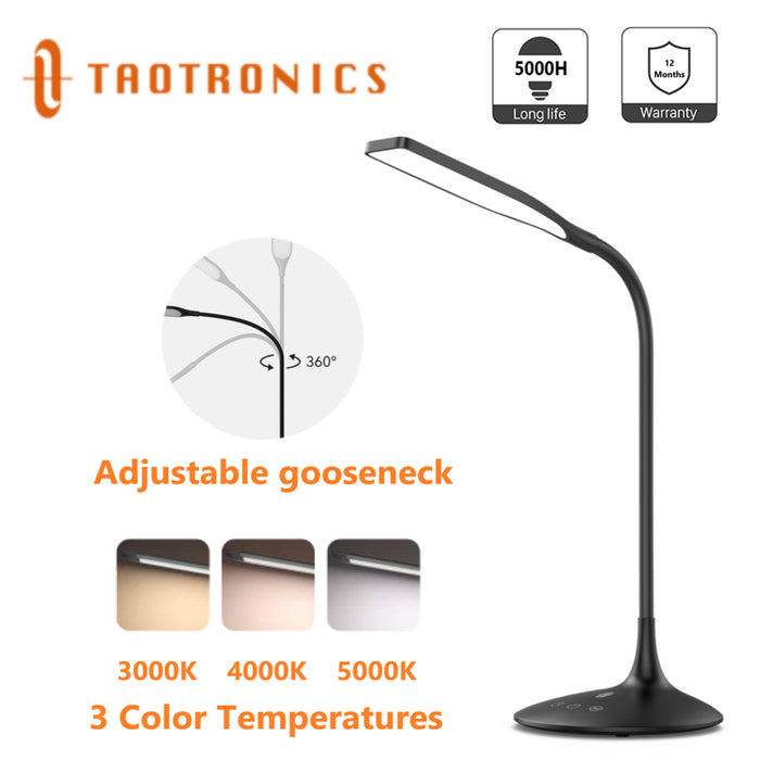 LED Desk Lamp, 15" Flexible Gooseneck Table Lamp, Dimmable Office Reading Lamp with Smooth Brightness Adjustment Touch Control, Black