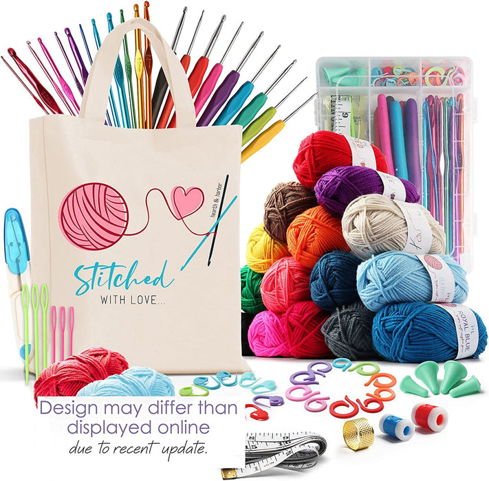 73 Piece Crochet Kit with Crochet Hooks Yarn Set - Premium Bundle Includes Yarn Balls, Needles, Accessories Kit, Canvas Tote Bag and Lot More - Starter Pack for Kids Adults – Beginner, Professionals.