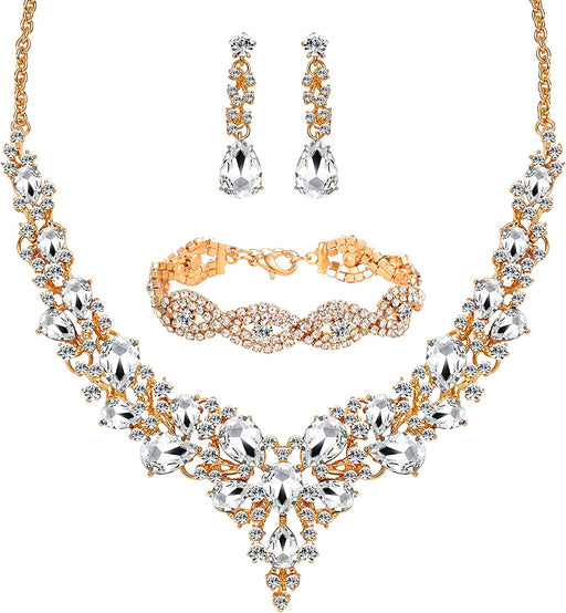 3/4 Pieces Women Jewelry Set Rhinestone Crystal Bride Statement Choker Necklace Tiara Crown Link Bangle Bracelet Teardrop Dangle Earrings Set for Wedding Party