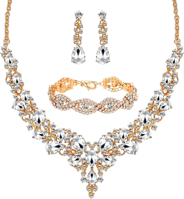 3/4 Pieces Women Jewelry Set Rhinestone Crystal Bride Statement Choker Necklace Tiara Crown Link Bangle Bracelet Teardrop Dangle Earrings Set for Wedding Party