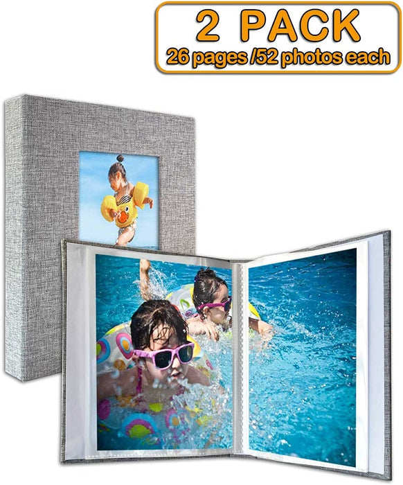 Small Photo Album 4X6 – Clear Pages, Linen Cover with Front Window, Pack of 2, Each Small Album Holds 52 Photos, Small Brag Book Photo Album for 4X6 Photos, Grey Fabric