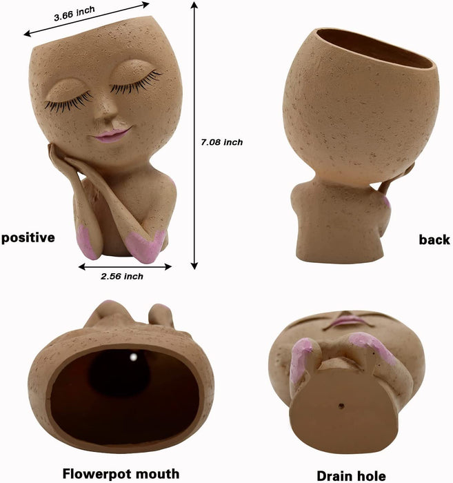 Smiley Face Flower Pot Head Planter for Indoor Outdoor Planter Resin Head Planter Pot with Drainage Hole Two Hand Hold Cute Face Succulent Pots with Closed Eyes for Garden Planter (Dark)