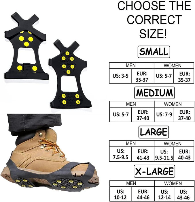 Ice Cleats, Ice Grips Traction Cleats Grippers Non-Slip over Shoe/Boot Rubber Spikes Crampons anti Easy Slip 10 Steel Studs Crampons Slip-On Stretch Footwear