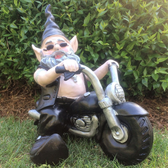 Homestyles "Biker Dude & Babe" the Biker Gnome in Leather Motorcycle Gear Riding Black and White Hogs Large Outdoor Garden Statue 12"H
