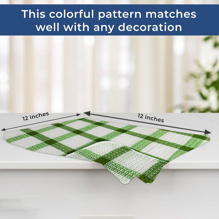 Set of 24 Kitchen Towels Dish Cloths Soft Green Checkered Pattern 100% Cotton 12X12"
