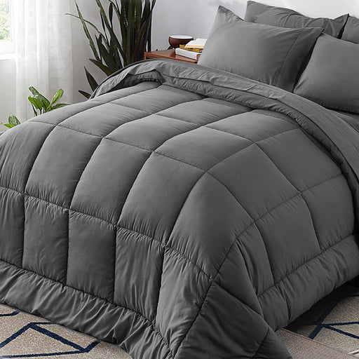 Full Size 7 Pieces Bed in a Bag Bedding Set - Lightweight Dark Grey Comforter Set, All Season Ultra Soft down Alternative Bedding Comforter Set with Comforter, Pillowcase, Flat Sheet, Fitted Sheet