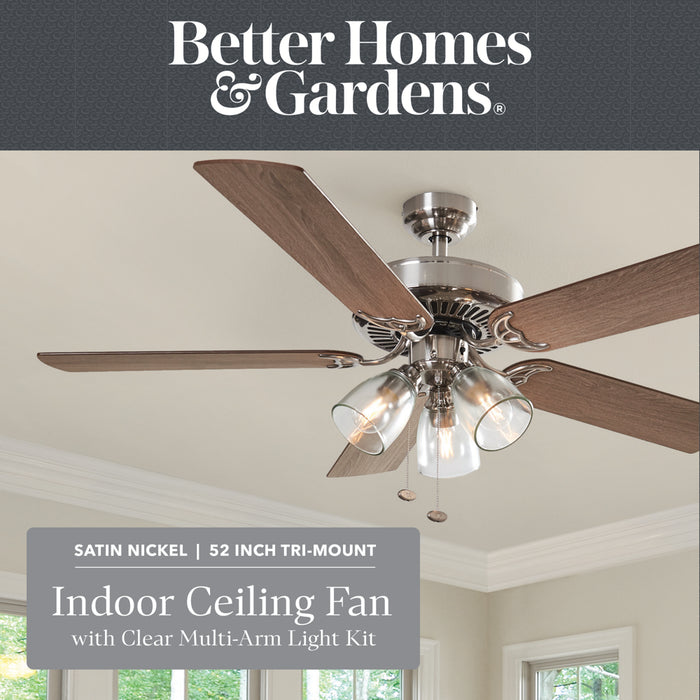 Better Homes & Gardens 52" 5 Blade Satin Nickel Ceiling Fan with 3 Lights