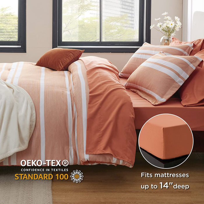 Bedsure Bed in a Bag Full Size 7-Piece Burnt Orange White Striped Bedding Comforter Sets All Season Bed Set, 2 Pillow Shams, Flat Sheet, Fitted Sheet and 2 Pillowcases