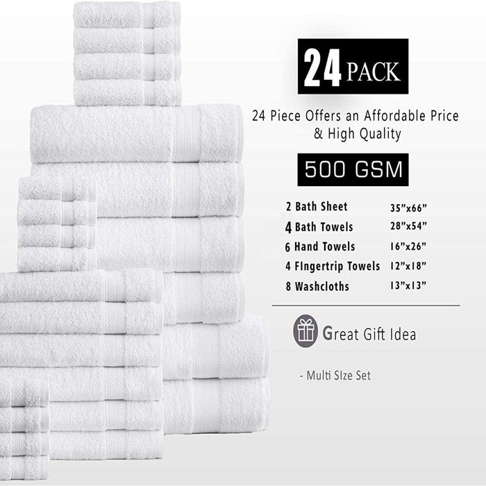 24PC Bath Towel Set (2 Sheets, 4 Bath, 6 Hand, 4 Fingertip & 8 Wash) - White, Addy Home Best Value