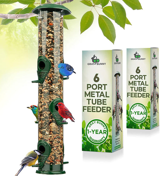 Gray Bunny Metal Bird Feeders for Outdoors Hanging, 6-Port, Premium Grade Metal Tube Bird Feeder,2-Pack, Chew-Proof and Rust-Proof, 16 Inches