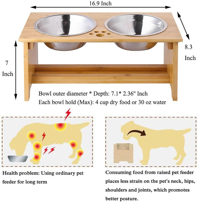 Raised Pet Bowls for Small and Medium Dogs, Bamboo Elevated Dog Cat Food and Water Bowls Stand Feeder with 2 Stainless Steel Bowls and anti Slip Feet (New 7'' Tall)