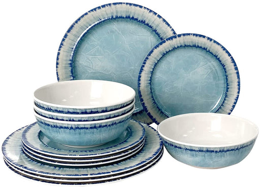 Melamine Dinnerware Set of 12 Pcs Dinner Dishes Set for Indoor and Outdoor Use, Dishwasher Safe, Lightweight Unbreakable, BPA Free, Light Blue
